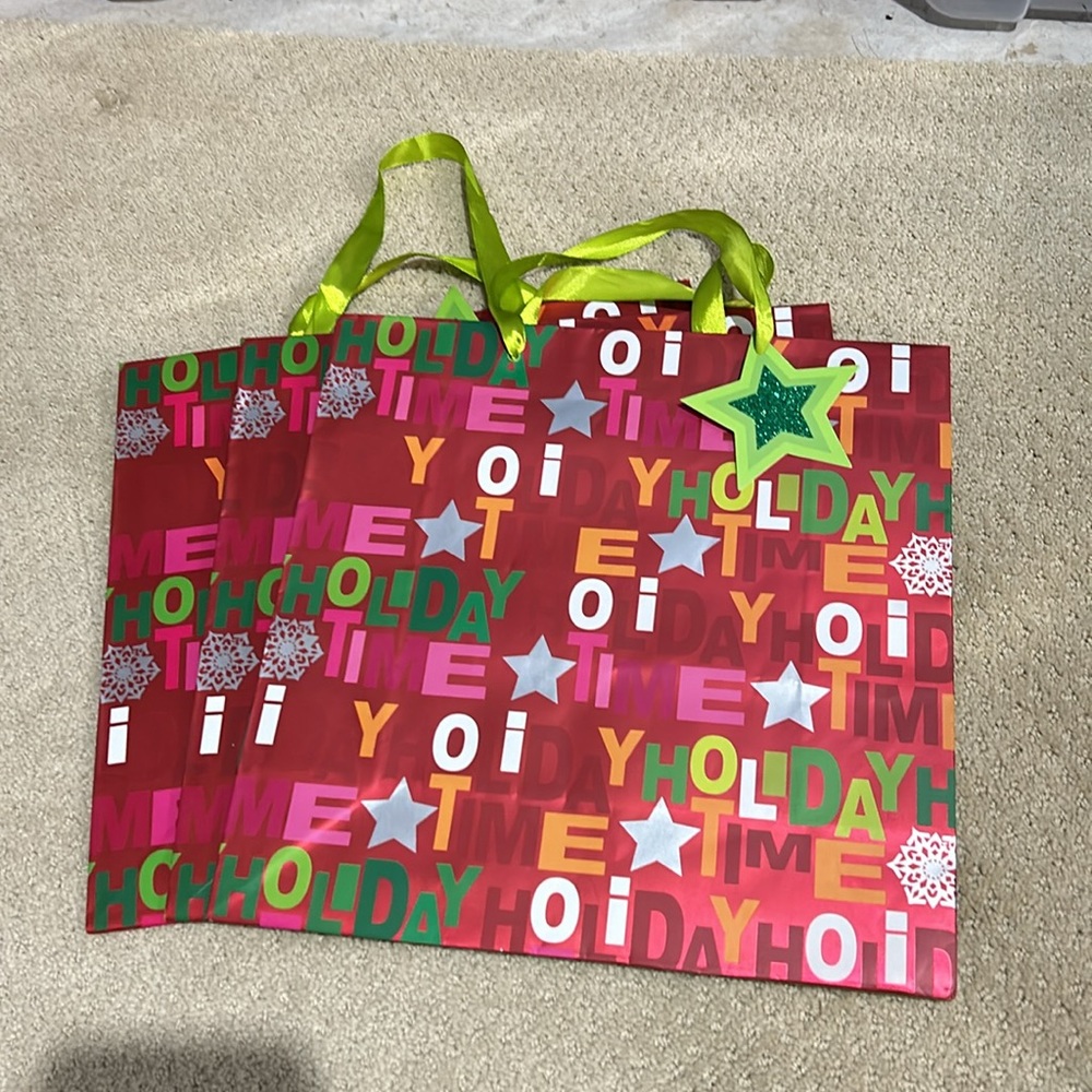 3 Metallic Holiday Time Christmas Gift Bags & Tags